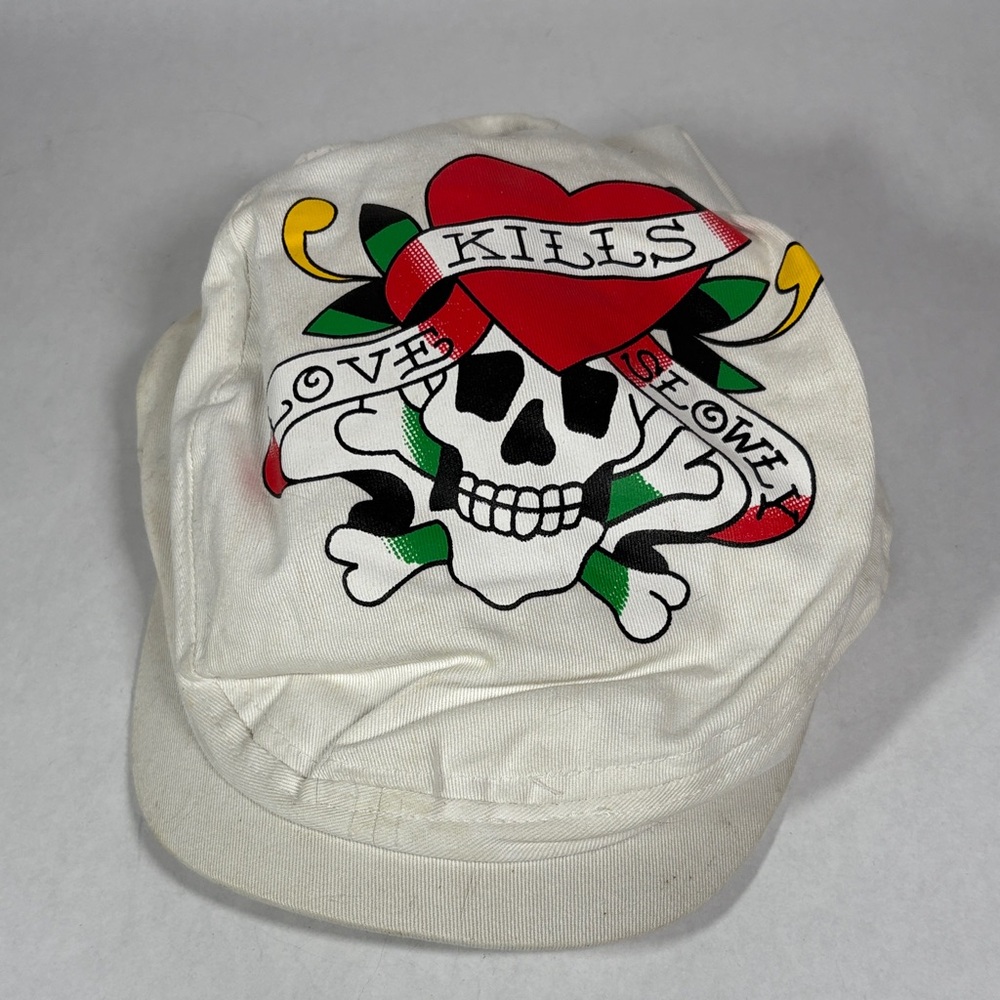 Y2k Ed Hardy Inspired “Love Kills Slowly” Tattoo Skull Hat 🖤 White Newsboy Cap